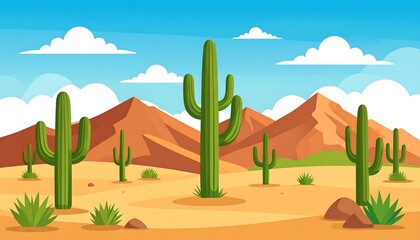 Arizona desert landscape with cactus plants and mountains vector illustration