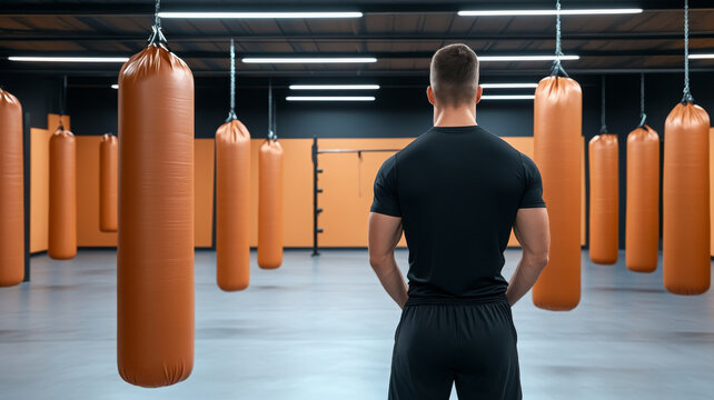 Man standing gym martial arts class punching bag modern fitness center training