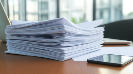 Stack of business documents, laptop, and smartphone on office desk, morning light, productivity