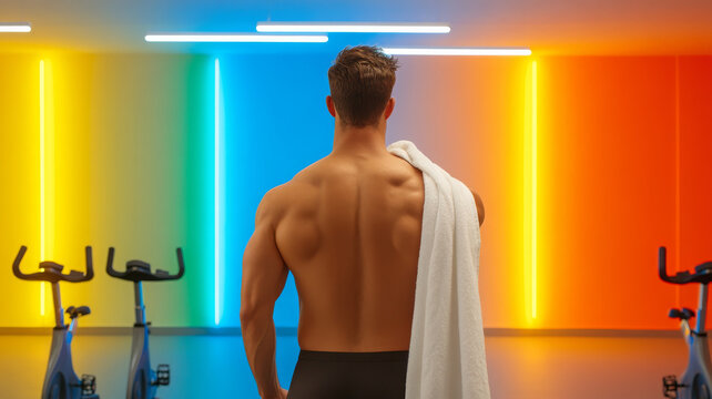 Shirtless man gym towel neon light fitness studio exercise bike modern colorful