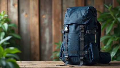 Naklejka premium Dark blue backpack sits on rustic wood planks. Green plants grow around. Modern bag ready for hiking or wilderness travel adventures. Pack essential gear for outdoor excursions.