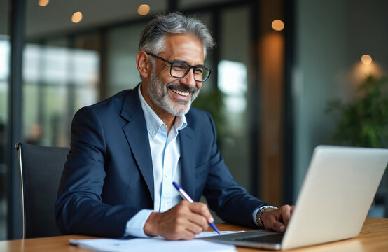 Mature man with beard, glasses, in blue suit, smiles working on laptop. At office desk, taking notes from online business meeting financial webinar. Happy pro male modern remote work, digital
