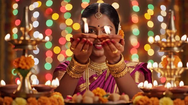 Indian woman celebrating Diwali festival with oil lamps and traditional attire