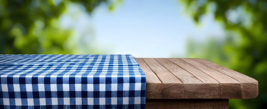 Empty wooden table set against a cozy blue gingham fabric backdrop.