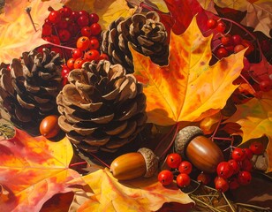 Autumnal Abundance: A Still Life with Maple Leaves, Pine Cones, and Berries