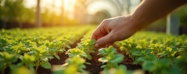 Hand tends small green plants in rows inside a bright sunlit greenhouse structure. Farmer checks plant growth, cultivation process, healthy eco food farming. New life emerges.