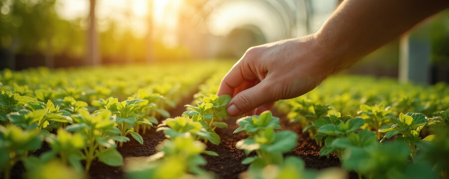 Hand tends small green plants in rows inside a bright sunlit greenhouse structure. Farmer checks plant growth, cultivation process, healthy eco food farming. New life emerges.