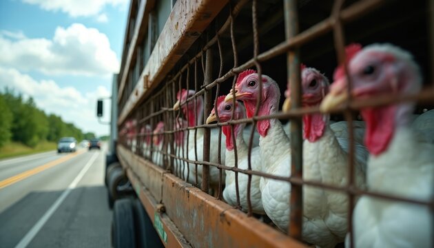 White turkeys with red heads ride in metal cages on large truck. Many poultry transported along rural highway. Cars drive near vehicle carrying farm birds to market. Scene shows agriculture industry,