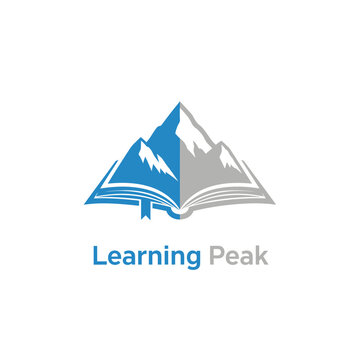 A logo design features a book with mountain peaks, a bookmark, and text beneath