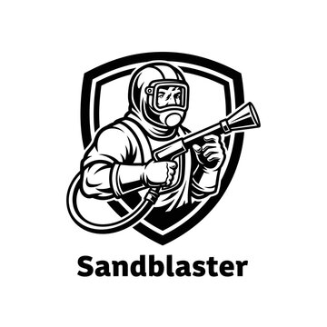 A graphic of a person in protective gear aiming a sandblaster inside of a shield