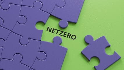 Reduce CO2 emissions, limit climate change, global warming, net zero carbon dioxide reduction concept. Green Net Zero icon, text on small puzzle pieces with missing pieces block.3D rendering.