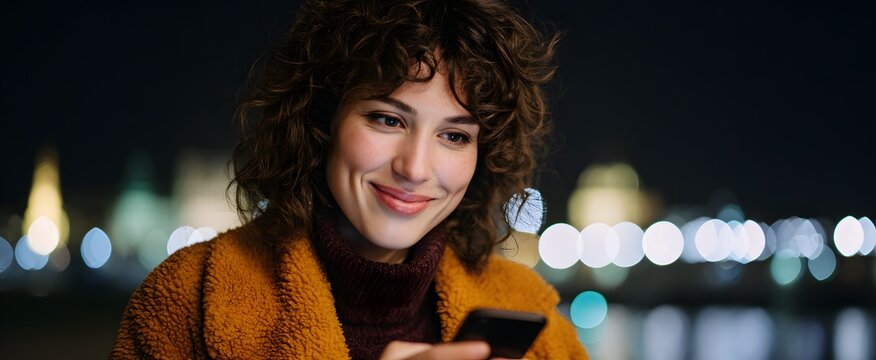Joyful lady looking at her smartphone outside after dark - Powered by Adobe