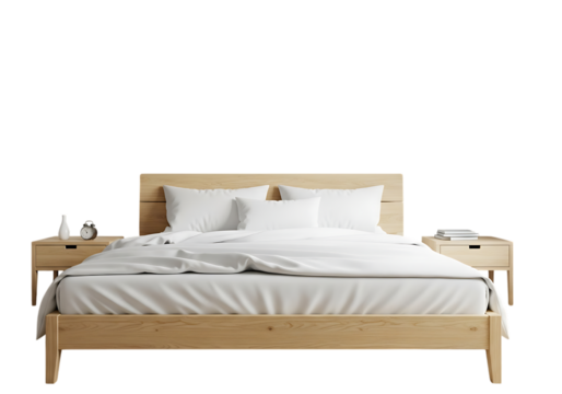Modern wooden bed with bedside tables