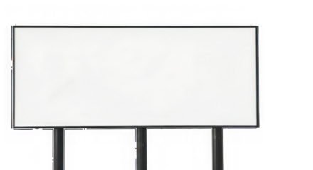 Blank white rectangular billboard sign on metal poles isolated on transparent background