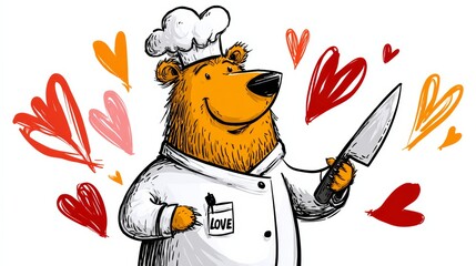 Cartoon bear chef holding a knife and wearing a chef's hat. The bear is surrounded by hearts, which suggests that the image is related to love or a romantic theme