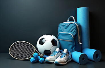 Collection of blue sports gear includes soccer ball, tennis racket, dumbbells, running shoes, backpack, and yoga mats. Ready for workout or training session.