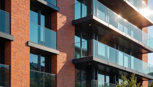 Residential apartment building features red brick facade combined with modern glass windows. Sunlight illuminates exterior of urban structure reflecting off glass panels. Design contemporary