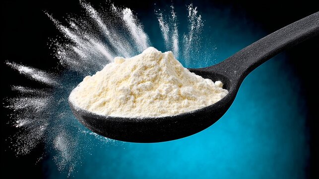 Spoonful of powder is shown in the air, with the spoon itself being black. Concept of motion and energy, as if the powder is being lifted off the spoon and into the air