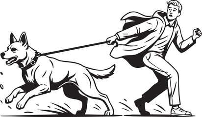 Powerful dog pulling its owner on leash, energetic black and white illustration depicting challenging pet walking moment
