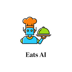 A robotic chef, with a blue body and orange hat, holds a covered dish, with text "Eats AI" below