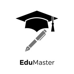 A graduation cap and pen icon with the text EduMaster below on a white background