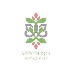 A stylized botanical emblem with an abstract floral design and accompanying text