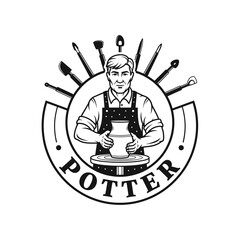 Black and white illustration of a potter crafting on a wheel, surrounded by tools, a circular design