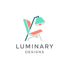 A geometric illustration of furniture, combining a chair and lamp in a colorful and abstract way
