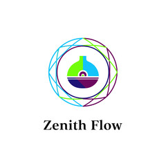 Colorful logo featuring geometric shapes, a stylized vessel, and the words "Zenith Flow