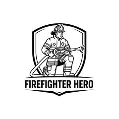 A monochrome illustration of a firefighter kneeling, holding a hose, inside a shield emblem