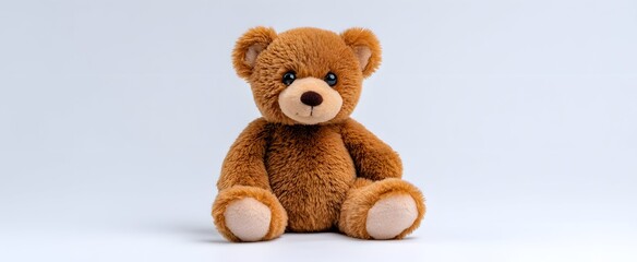 Obraz premium The brown teddy bear chillin solo on a plain white backdrop
