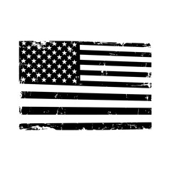 A black and white depiction of a flag, distressed with a grunge effect. Featuring stars and stripes