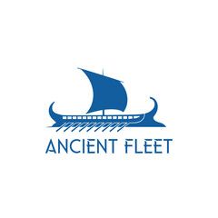 A blue, silhouetted illustration of an ancient galley sailboat with text, on a plain white background