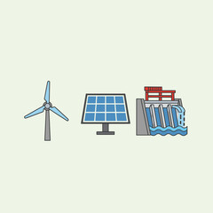 Colorful illustration of renewable energy sources wind turbine, solar panel, and hydro dam