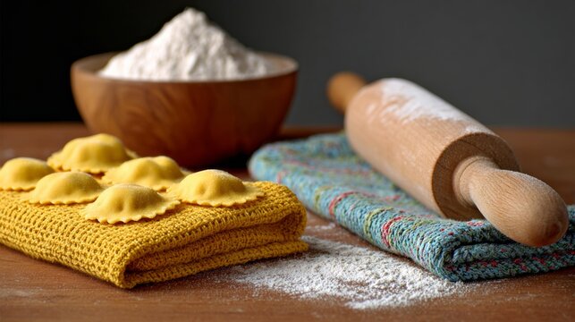 Wooden rolling pin sits on a table next to a bowl of flour and a yellow cloth. The scene suggests that someone is preparing to make pasta or some other type of dough