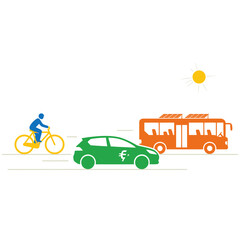 Colorful depiction of traffic cyclist, green car with symbol, orange bus, and sun