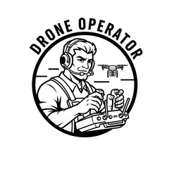 Black and white illustration depicts a man operating a remote control, with text "DRONE OPERATOR" above