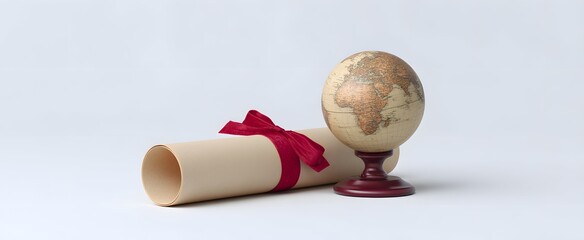 A diploma scroll and a tiny globe dance on a white stage of knowledge.