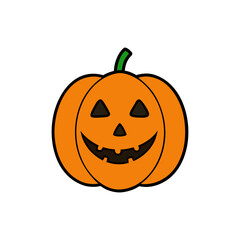 Spooky-cute cartoon illustration of a pumpkin lantern (Jack-o'-lantern), smiling face.