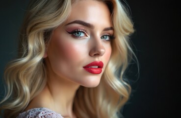 Fototapeta premium Beautiful blonde woman with perfect makeup. Vibrant red lips, bold eyeliner, long eyelashes create striking look. Wavy golden hair frames face. Elegant female model poses for glamorous beauty