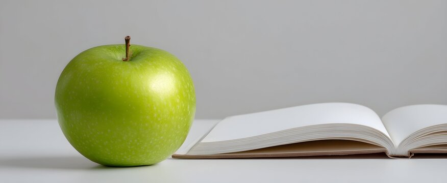 A shiny crisp green apple rests next to an open clean notebook on white surface