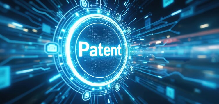 Central circle displays Patent text. Glowing lines move across blue digital background. Various icons surround word. Shows security, legal protection, intellectual property in fast paced tech world