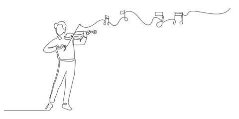continuous line of man playing violin and playing beautiful melody. one line drawing of orchestra, classical music, romantic music. isolated on white background. © bakullogo