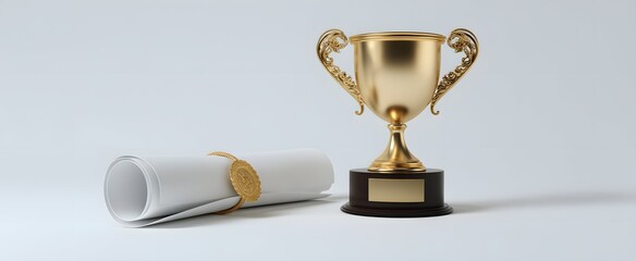 An academic trophy and diploma displayed neatly on a clean white surface.