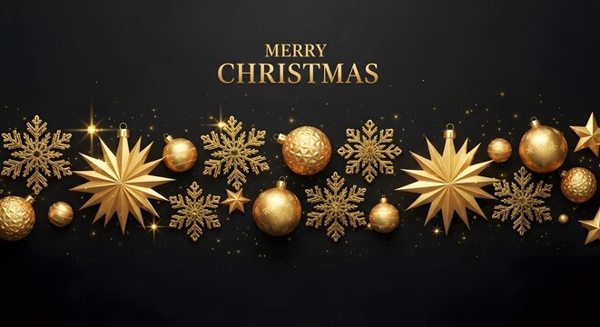 Golden Christmas ornaments and snowflakes on black background holiday