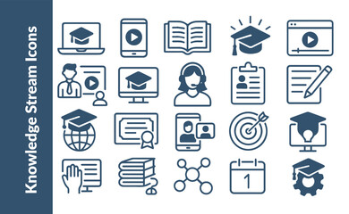 Knowledge Stream Icons Set. Online Education, E-Learning and Distance Training Vector Collection. Digital Skill Acquisition.