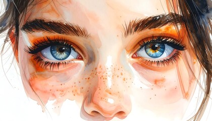 Captivating watercolor painting featuring a young woman's striking blue eyes