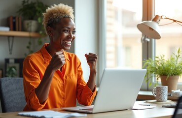 Happy businesswoman celebrates success. Smiling black woman cheers in home office after win. Female trader rejoices at good news. Worker gets bonus prize. Lady excited about promotion. Remote work