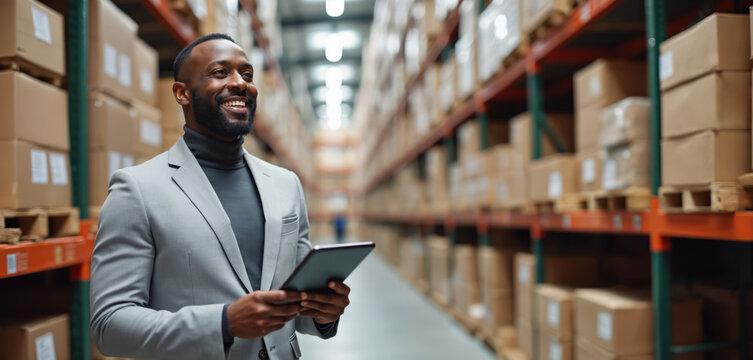 Smiling African American man holds tablet checking inventory in large warehouse. He manages goods on shelves. Business logistics and supply chain operations. Pro works in distribution center.