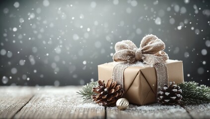A beautifully wrapped gift sits on a wooden surface, surrounded by pinecones and snowflakes, evoking a cozy winter atmosphere.